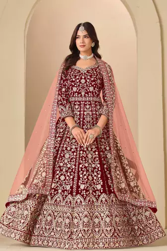 Maroon velvet sequins work semi stitched salwar suits suits size up to 42