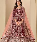 Maroon velvet sequins work semi stitched salwar suits suits size up to 42