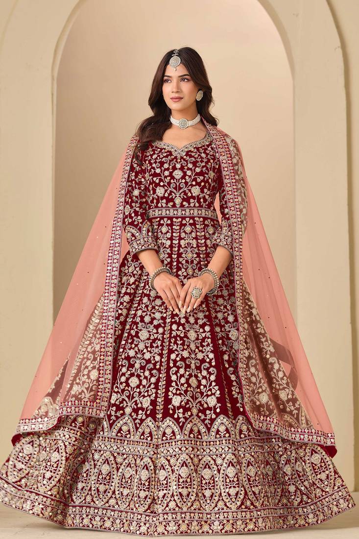 Maroon velvet sequins work semi stitched salwar suits suits size up to 42