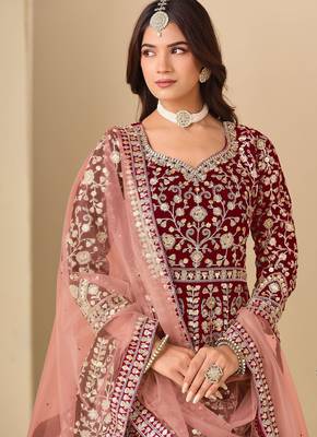 Maroon velvet sequins work semi stitched salwar suits suits size up to 42 2