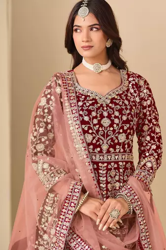 Maroon velvet sequins work semi stitched salwar suits suits size up to 42