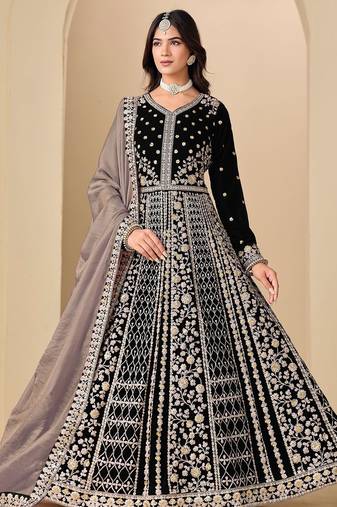 Black velvet sequins work semi stitched salwar suits suits size up to 42