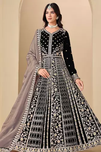Black velvet sequins work semi stitched salwar suits suits size up to 42
