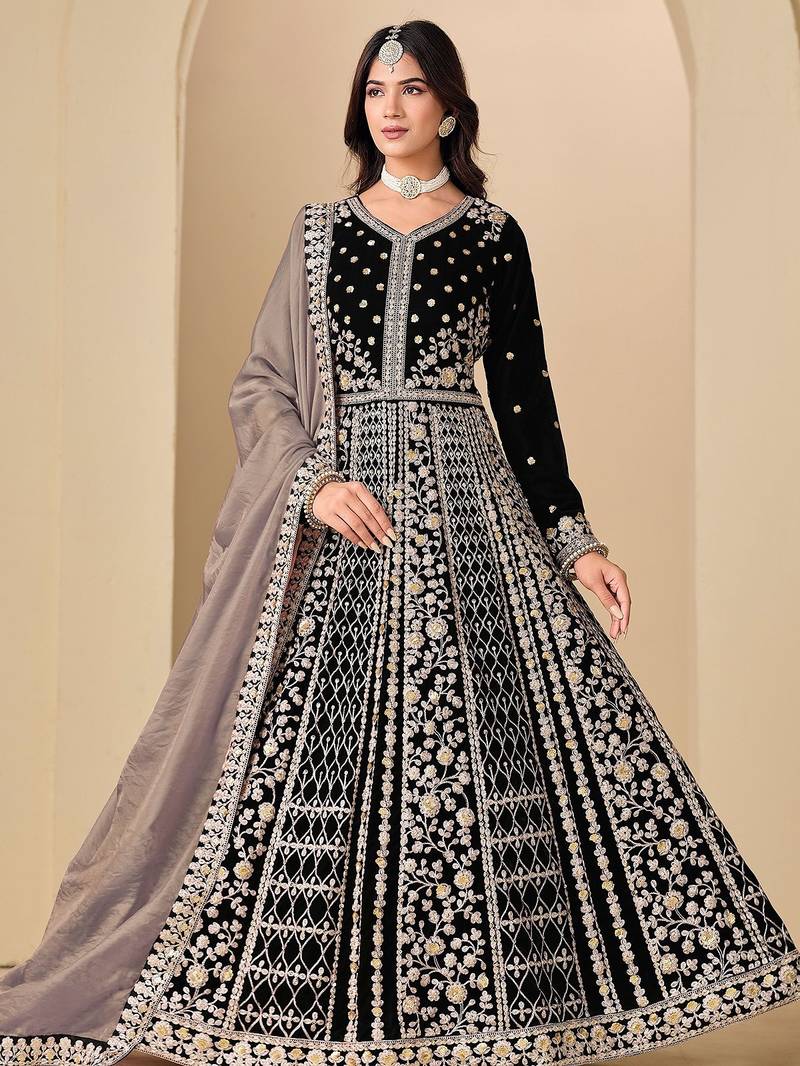 Black velvet sequins work semi stitched salwar suits suits size up to 42