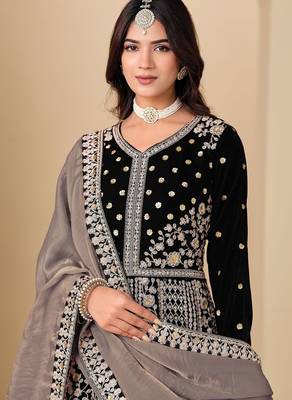 Black velvet sequins work semi stitched salwar suits suits size up to 42 2