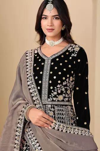 Black velvet sequins work semi stitched salwar suits suits size up to 42