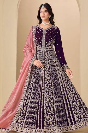 Wine velvet sequins work semi stitched salwar suits suits size up to 42