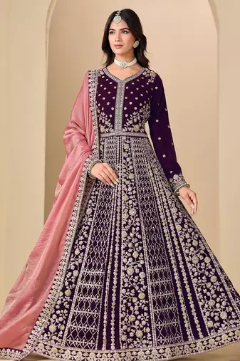 Wine velvet sequins work semi stitched salwar suits suits size up to 42