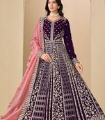 Wine velvet sequins work semi stitched salwar suits suits size up to 42
