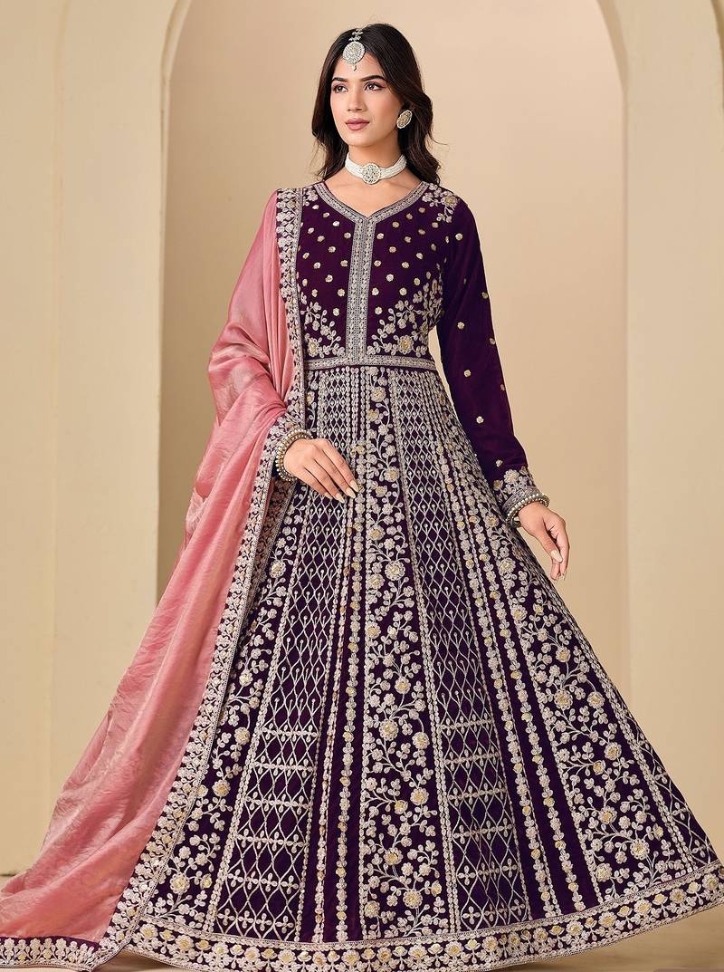 Wine velvet sequins work semi stitched salwar suits suits size up to 42