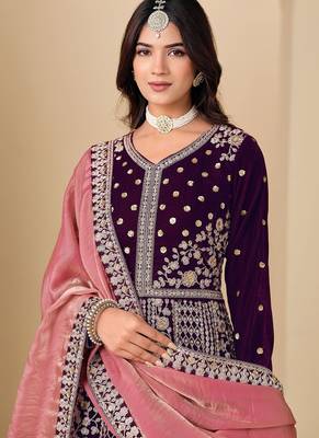 Wine velvet sequins work semi stitched salwar suits suits size up to 42 2