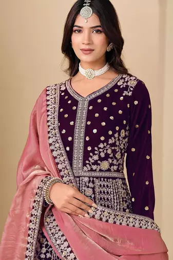 Wine velvet sequins work semi stitched salwar suits suits size up to 42