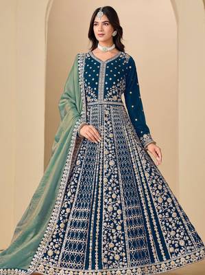 Blue velvet sequins work semi stitched salwar suits suits size up to 42 1