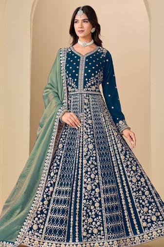 Blue velvet sequins work semi stitched salwar suits suits size up to 42