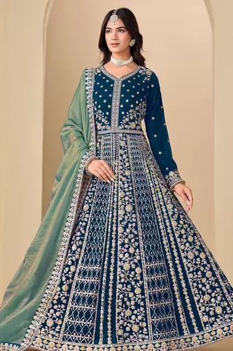 Blue velvet sequins work semi stitched salwar suits suits size up to 42