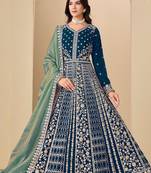 Blue velvet sequins work semi stitched salwar suits suits size up to 42