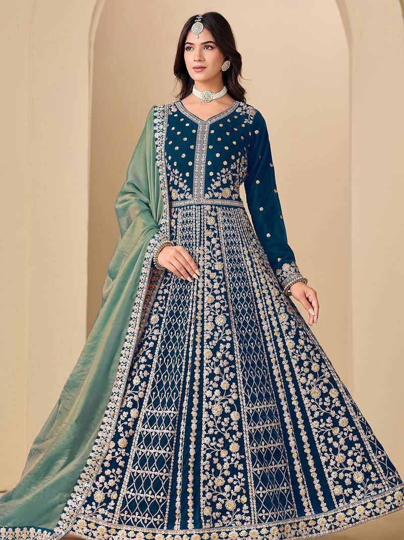Blue velvet sequins work semi stitched salwar suits suits size up to 42