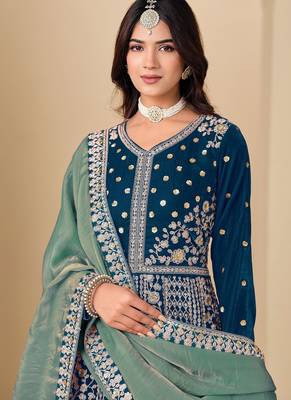 Blue velvet sequins work semi stitched salwar suits suits size up to 42 2