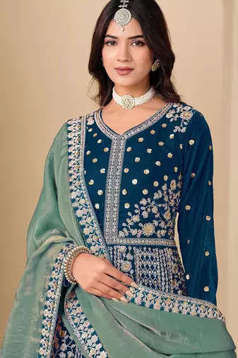 Blue velvet sequins work semi stitched salwar suits suits size up to 42