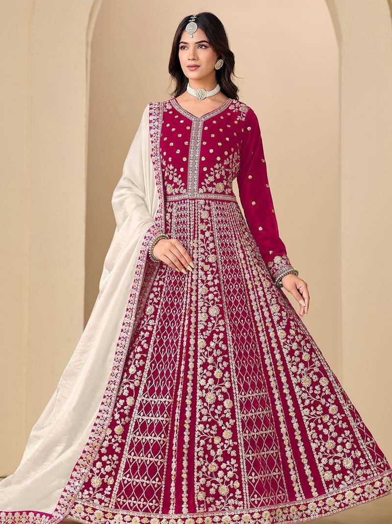 Red velvet sequins work semi stitched salwar suits suits size up to 42
