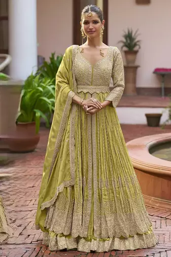 Yellow chiffon sequins work semi stitched salwar suits suits size up to 42