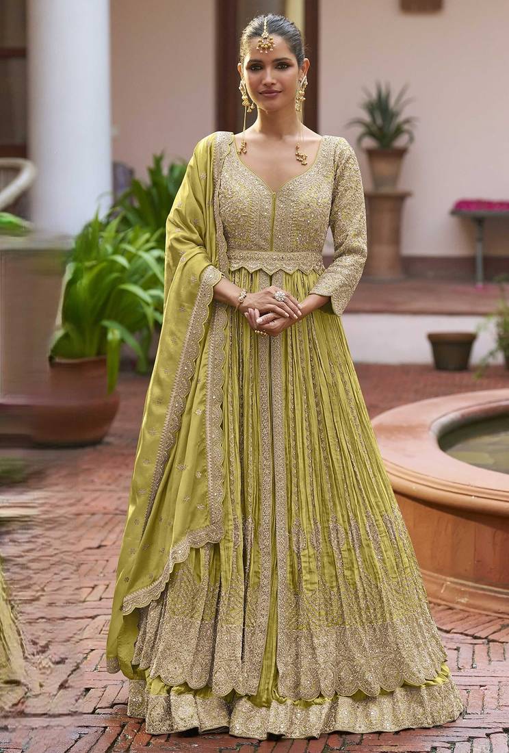Yellow chiffon sequins work semi stitched salwar suits suits size up to 42