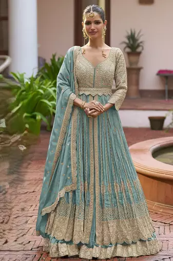 Blue chiffon sequins work semi stitched salwar suits suits size up to 42