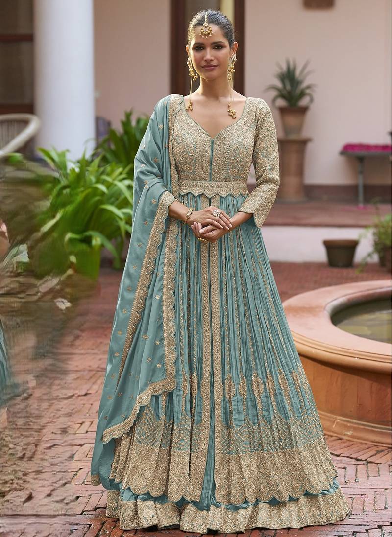Blue chiffon sequins work semi stitched salwar suits suits size up to 42