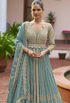 Blue chiffon sequins work semi stitched salwar suits suits size up to 42 2