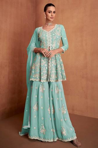 Blue georgette sequins work semi stitched salwar suits suits size up to 42