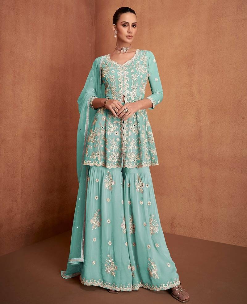 Blue georgette sequins work semi stitched salwar suits suits size up to 42