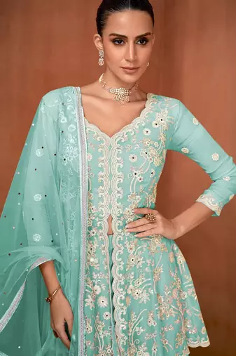 Blue georgette sequins work semi stitched salwar suits suits size up to 42