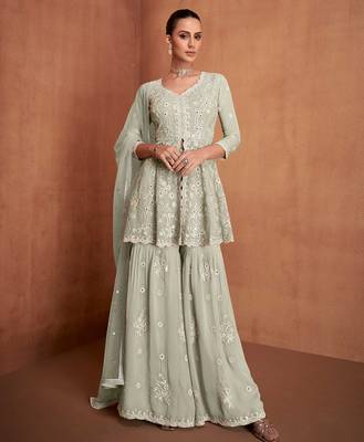 Sea green georgette sequins work semi stitched salwar suits suits size up to 42 1