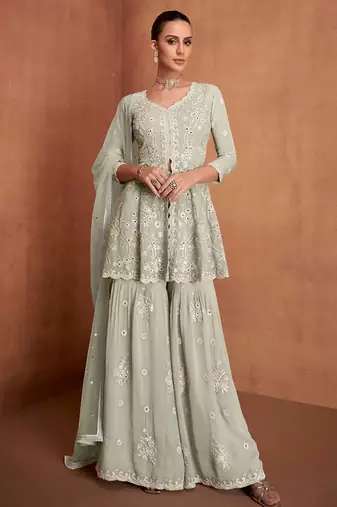 Sea green georgette sequins work semi stitched salwar suits suits size up to 42