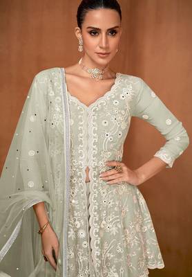 Sea green georgette sequins work semi stitched salwar suits suits size up to 42 2
