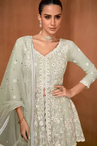 Sea green georgette sequins work semi stitched salwar suits suits size up to 42