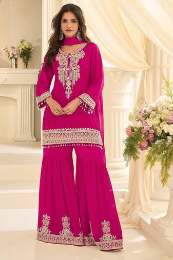 Pink georgette sequins work semi stitched salwar suits suits size up to 42