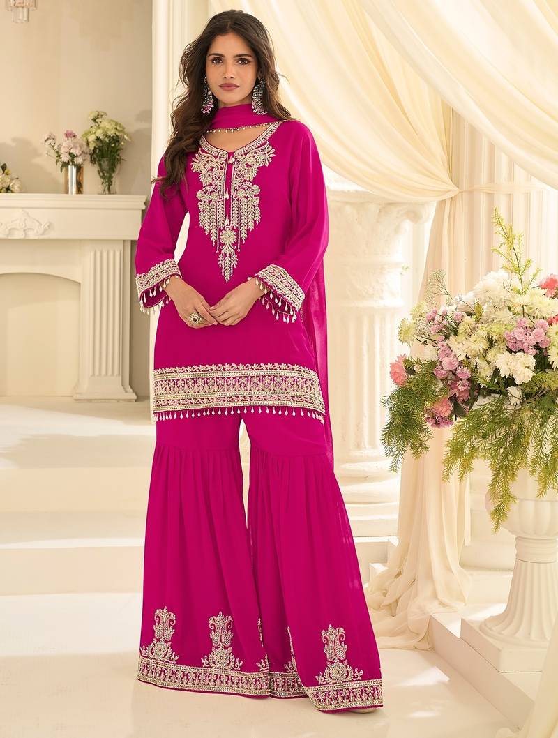 Pink georgette sequins work semi stitched salwar suits suits size up to 42