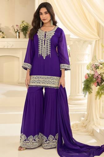 Purple georgette sequins work semi stitched salwar suits suits size up to 42