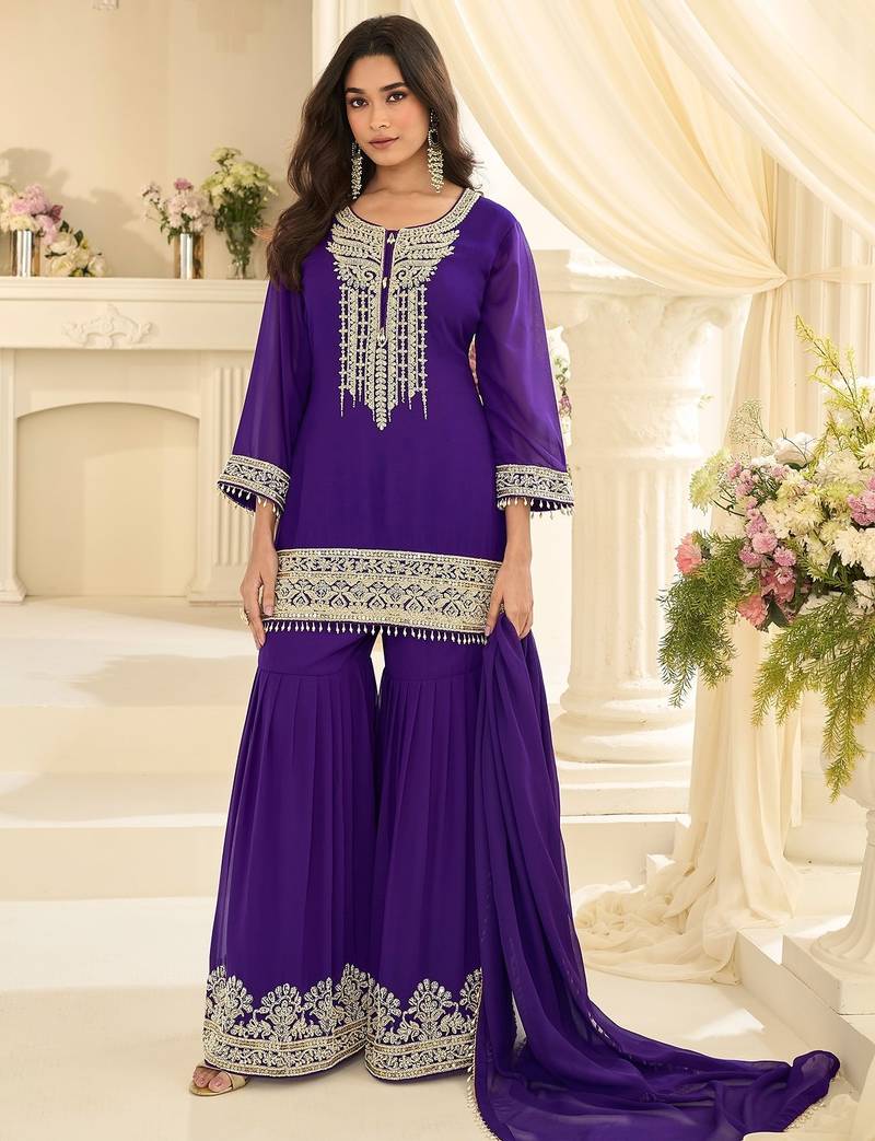Purple georgette sequins work semi stitched salwar suits suits size up to 42