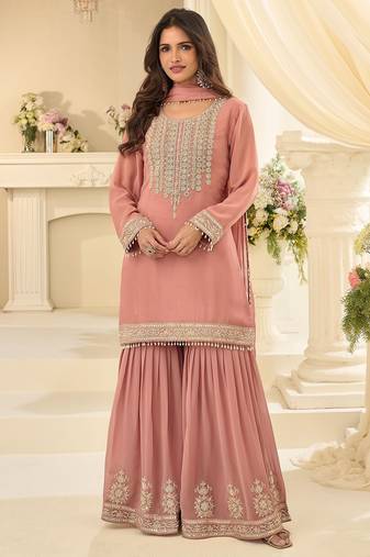 Pink georgette sequins work semi stitched salwar suits suits size up to 42