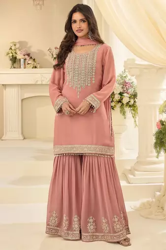Pink georgette sequins work semi stitched salwar suits suits size up to 42