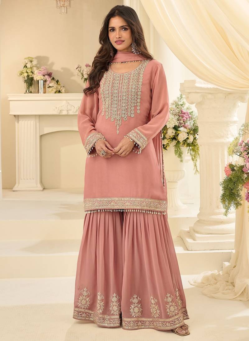 Pink georgette sequins work semi stitched salwar suits suits size up to 42