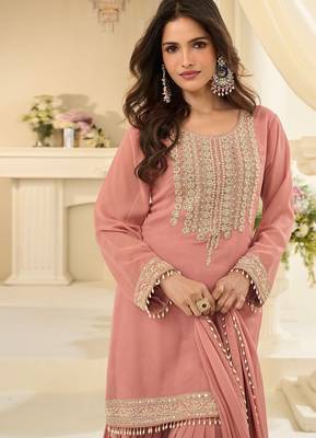 Pink georgette sequins work semi stitched salwar suits suits size up to 42 2