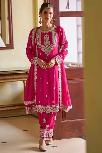 Pink chiffon mirror work semi stitched salwar suits suits size up to 42