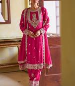 Pink chiffon mirror work semi stitched salwar suits suits size up to 42