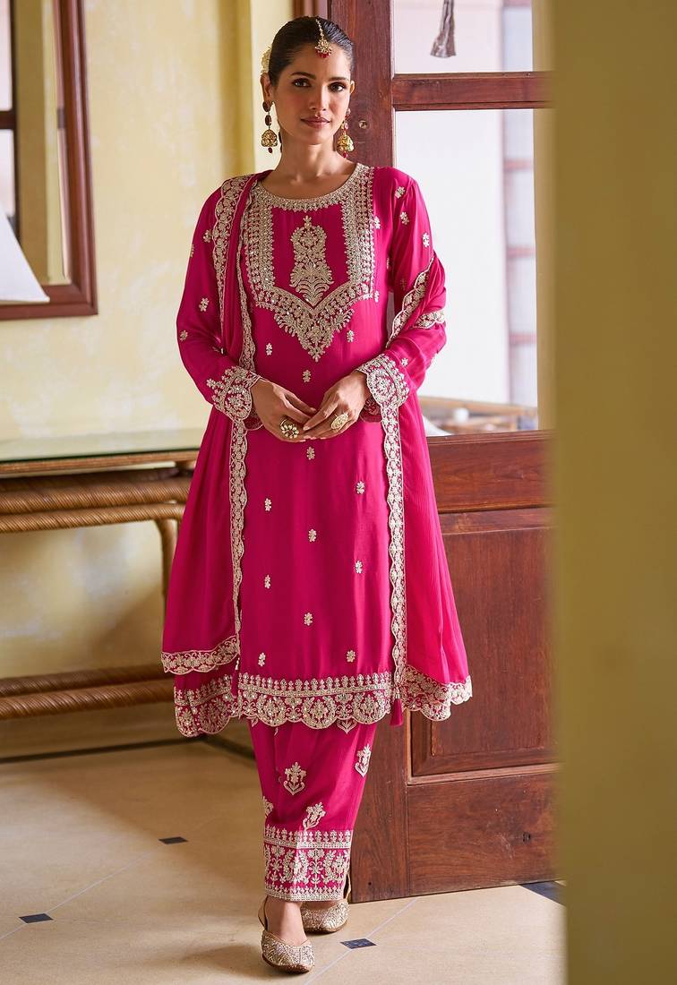 Pink chiffon mirror work semi stitched salwar suits suits size up to 42