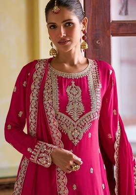 Pink chiffon mirror work semi stitched salwar suits suits size up to 42 2