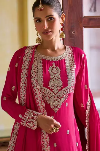 Pink chiffon mirror work semi stitched salwar suits suits size up to 42