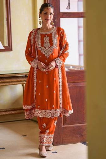 Orange chiffon mirror work semi stitched salwar suits suits size up to 42
